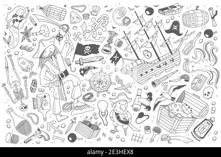 Hand drawn black and white pirates seamless pattern with hat rum bottle gun  vector illustration Stock Vector Image & Art - Alamy
