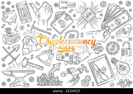Hand drawn cryptocurrency mining set doodle vector illustration background Stock Vector