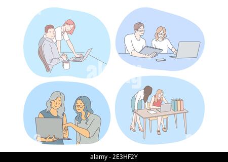 Teamwork, cooperation, startup concept. Young office workers colleagues coworkers working together on projects with laptops and discussing ideas in of Stock Vector