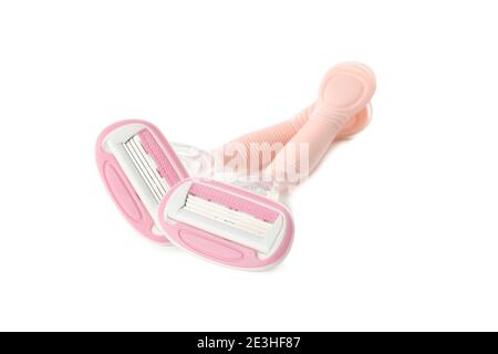 Pink razors isolated on white background, close up Stock Photo