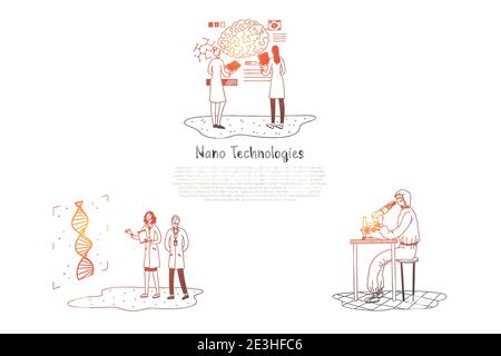 Nano technologies - scientists making research in laboratories vector concept set. Hand drawn sketch isolated illustration Stock Vector