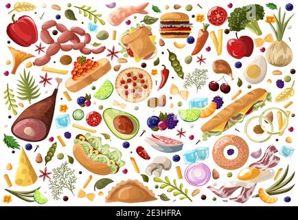 Big Set Food. Vegetables and Meat , fastfood, fish, fruits, sweets and dried fruit hand drawn of healthy food ingredient doodles in vector Stock Vector