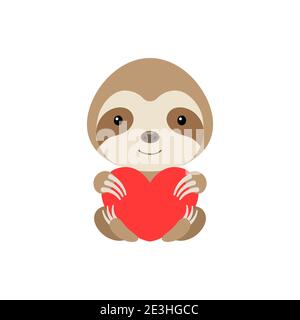 Cute funny sloth with heart on white background. Cartoon animal character for congratulation with St. Valentine day, greeting card, invitation Stock Vector