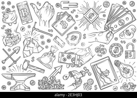 Hand drawn cryptocurrency mining set doodle vector illustration background Stock Vector