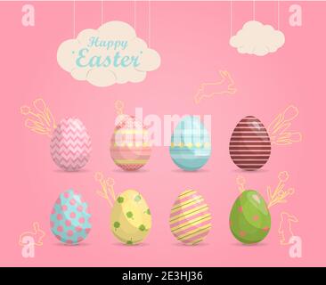 A set of brightly, colorful painted Easter eggs. Vector illustration with a happy Easter wish. Flat design featuring hares, butterflies, flowers and rainbows. Template for a postcard, invitation, ad or banner. A bright, cute illustration for a spring Christian holiday. Stock Vector