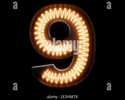 Light spiral glowing digit alphabet character 9 nine font. Front view illuminated number 9 symbol on black background. 3d rendering illustration Stock Photo