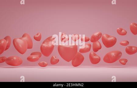 3d rendering, Red hearts on pink room background. Symbols of love for Mother's, Valentine's Day, birthday greeting card design. Stock Photo