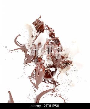 Dark chocolate and white milk splashes isolated on white background Stock Photo