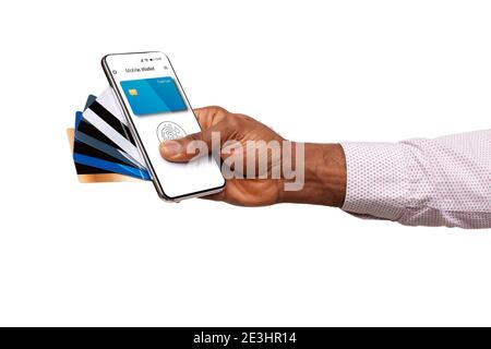 Hand Holding Smartphone With Payment Application And Cards, White Background Stock Photo