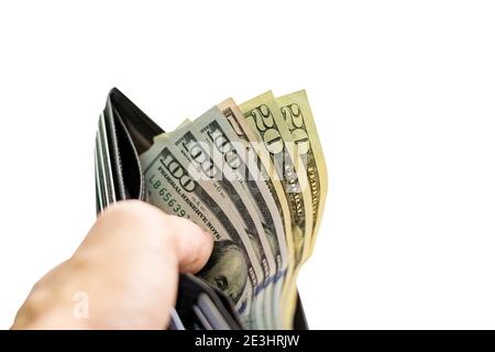 Group of dollars bill in the wallet isolated on white background with clipping path. Stock Photo