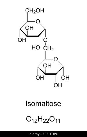 Isomaltose, chemical structure. Disaccharide, similar to maltose, a pyranose and reducing sugar. Product of caramelization of glucose. Stock Photo
