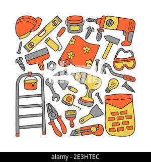 Home repair and renovation. Set of vector elements in doodle style Stock Vector