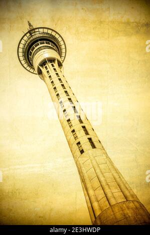The Sky Tower is an observation and telecommunications tower located on the corner of Victoria and Federal Streets in the Auckland CBD, Auckland City, Stock Photo