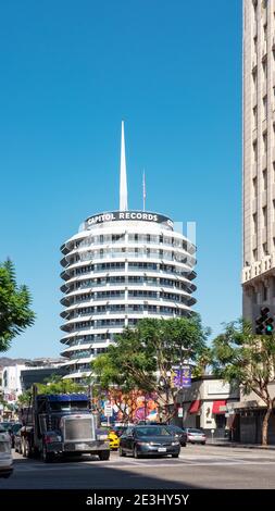 Capitol Records tower, iconic building situated north of the famed intersection of Hollywood and Vine designed by famous architect Welton Becket Stock Photo