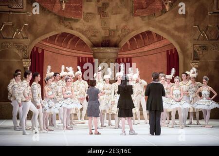 English National Ballet director Tamara Rojo talks to the ballet company on stage during a dress rehearsal Stock Photo