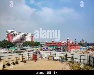 Chennai, India - December 27th 2020 : Ariel View Of Dr MGR Central Railway Station Building and People and Vehicles Move In Front Of The Central Rail Stock Photo