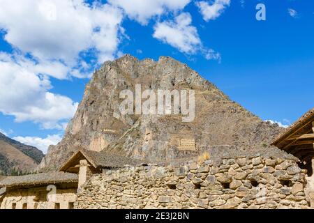 View of Pinkuylluna mountain from Ollantaytambo, ancient Inca archaeological sites in the Sacred Valley in Urubamba, Cusco Region, southern Peru Stock Photo