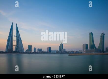 Bahrain, Manama, Bahrain Bay, View of Bahrain World Trade Center and the Financial Harbour building Stock Photo