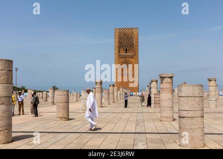 RABAT Hassan Tower and pillars of the collapsed mosque. Stock Photo