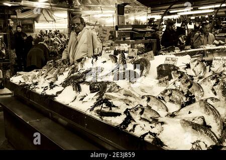PARIS, FRANCE - JANUARY 28, 2017: Fish and seafood at Marche des Enfants Rouges ('Red Children Market '). This oldest covered market in Paris known fo Stock Photo
