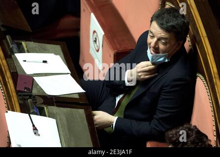 Rome Rome, Italy Italy. 19th Jan, 2021. ROME, ITALY - JANUARY 19: Italia Viva Party's Senator Matteo Renzi listens to Italy's Prime Minister Giuseppe Conte speech prior a confidence vote at the italian Senate, on January 19, 2021 in Rome, Italy. Following the resignation of two ministers in Conte's coalition government over a dispute on spending of EU funds during the pandemic, the Italian government is on the verge of another crisis. Credit: Independent Photo Agency/Alamy Live News Stock Photo