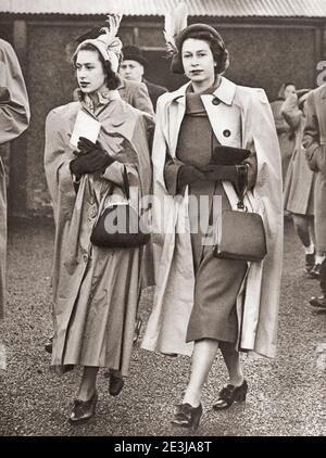 EDITORIAL ONLY Princess Margaret, left, and Princess Elizabeth at Aintree racecourse in 1949.  Princess Margaret, Margaret Rose, 1930 – 2002, aka Princess Margaret Rose. Future Countess of Snowden. Younger daughter of King George VI and Queen Elizabeth.  Princess Elizabeth of York, 1926 - 2022, future Elizabeth II, Queen of the United Kingdom.  From The Queen Elizabeth Coronation Book, published 1953. Stock Photo