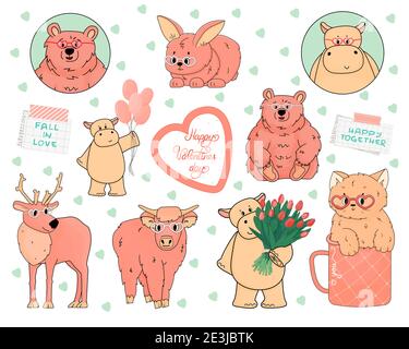 Set of cute ready animals for Valentines party. Hippo, bear, highland cow, deer, bunny, cat are in heart glasses. Tulips, lettering, paper, washi tape Stock Vector