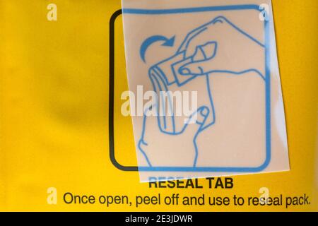 Reseal Tab once open peel off and use to reseal pack Stock Photo