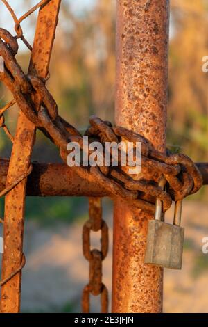 Rusty iron chain and lock closes iron gate Stock Photo