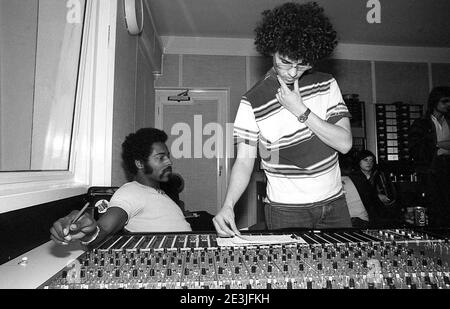 Eddie Amoo and recording engineer Denis Weinreich working on the Real Thing album '4 out of 8' at Scorpion Studios London UK 1977 Stock Photo