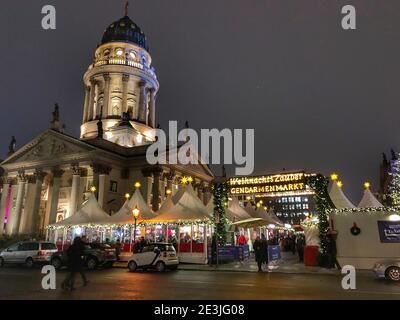 Christmas market Gendarmenmarkt with French Cathedral Stock Photo