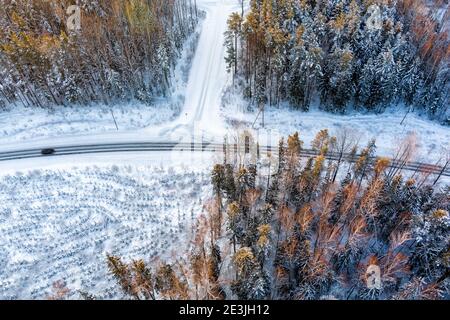 Aerial view from drone of car on curvy snow covered road in the winter forest