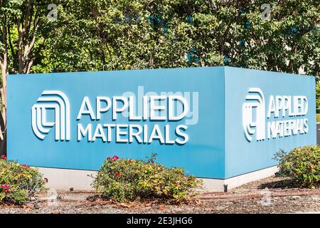 Oct 12, 2020 Santa Clara / CA / USA - Applied Materials logo at their Silicon Valley HQ; Applied Materials, Inc. is an American corporation operating Stock Photo