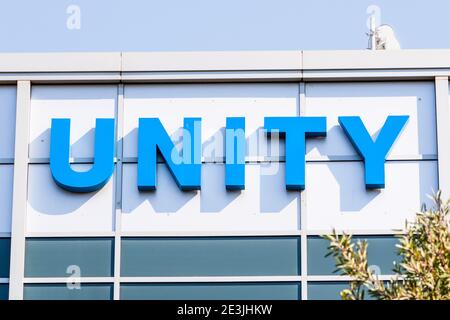 Sep 21, 2020 South San Francisco / CA / USA - Unity Biotechnology logo at their Silicon Valley headquarters; Unity Biotechnology is a startup company Stock Photo