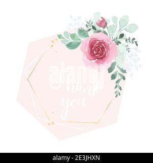 Pink rose bouquet floral watercolor hand-painted decorated with gold frame. Vector flower for wedding, invitation, card or design for Valentine's day. Stock Vector