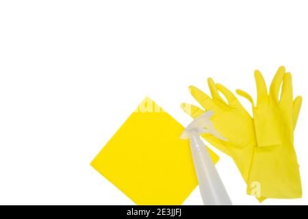 rubber yellow gloves and yellow microfiber cloth isolated on white background for cleaning concept, copy space Stock Photo