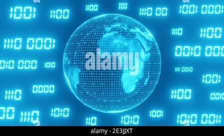 Global world map with binary matrix background. Falling sign on dark ...