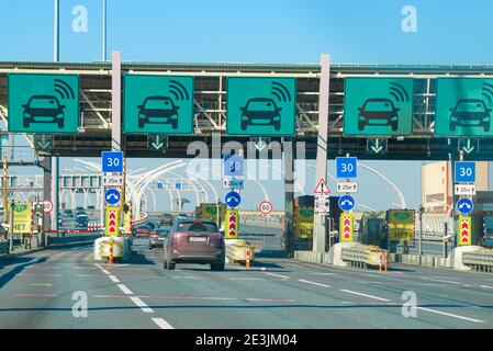 SAINT PETERSBURG, RUSSIA - APRIL 05, 2019: Passage of the payment point by transponder on the Western High-Speed Diameter Stock Photo