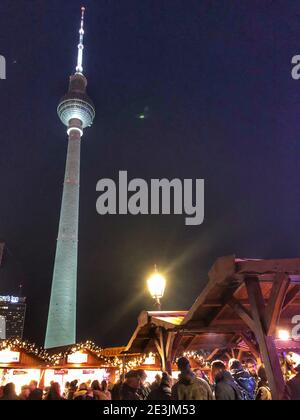 Berlin, Germany view of TV tower from Christmas market Stock Photo