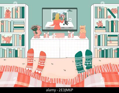 Two people are on the bed under blanket. Room is decorated for Valentine's Day. Hippo, cat, tardigrade, bear toys are arranged in bookcases. Couple is Stock Vector
