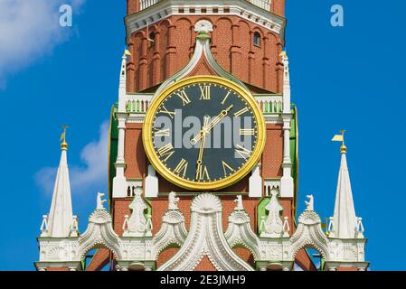 Chimes on the Spasskaya Tower close-up. Moscow Kremlin, Russia Stock Photo