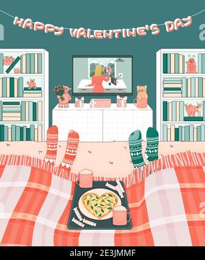 Couple is lying on bed and watches movies on TV on Valentines Day at home. Heart Pizza, candy and coffee are on a tray. Cabinets with toys and books o Stock Vector