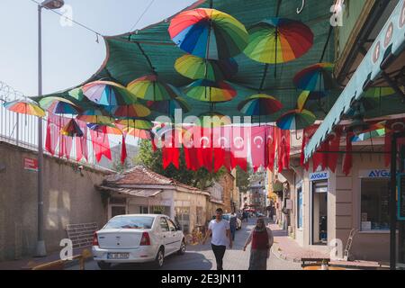 Istanbul, Turkey - September 17 2017: Colourful streets in the local multicultural Istanbul neighbourhood of Balat, known for hip cafes and galleries. Stock Photo