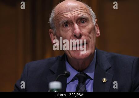 Washington, United States. 19th Jan, 2021. Dan Coats, former Director of National Intelligence, introduces Avril Haines during her confirmation hearing before the Senate Intelligence Committee to be President-elect Joe Biden's pick for national intelligence director on January 19, 2021 in Washington, DC. Haines was previously Deputy Director of the CIA and Deputy National Security Advisor in the Obama administration. Pool Photo by Joe Raedle/UPI Credit: UPI/Alamy Live News Stock Photo