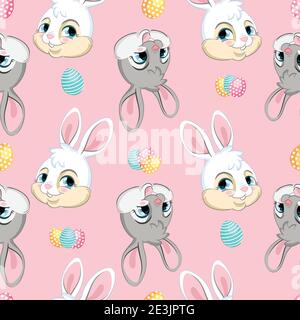 Seamless vector pattern with Easter concept. Heads of cute white and gray bunnies and easter eggs. Colorful illustration isolated on pink background. Stock Vector