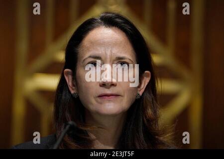 Washington, DC, USA. 19th Jan, 2021. Nominee for Director of National Intelligence Avril Haines appears before the Senate Intelligence committee during a confirmation hearing on Capitol Hill January 19, 2021 in Washington, DC. Credit: Melina Mara Pool Via Cnp/Media Punch/Alamy Live News Stock Photo