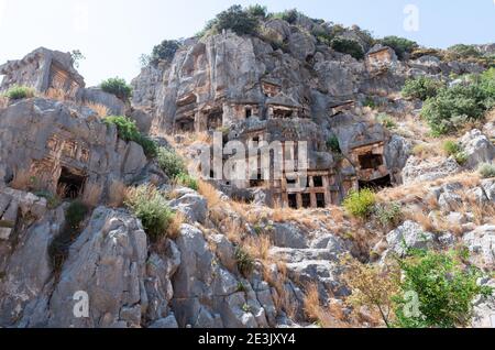 Lycian rock-cut tombs in Myra, Antalya province, Turkey Stock Photo