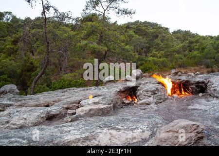 Flames from underground on Mount Chimaera in Turkey. Burning volcanic gas on rock surface. Ancient myth of the Chimera Stock Photo