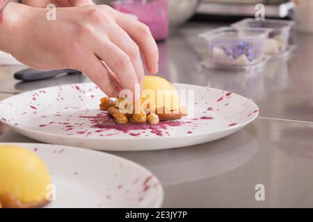 Cooking mousse with hazelnuts and berry sauce. Close-up. Stock Photo