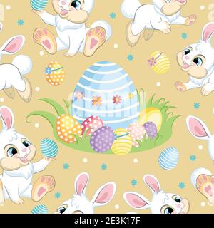 Seamless vector pattern with Easter concept. White bunnies runs around big easter egg. Colorful illustration isolated on beige background. For print, Stock Vector